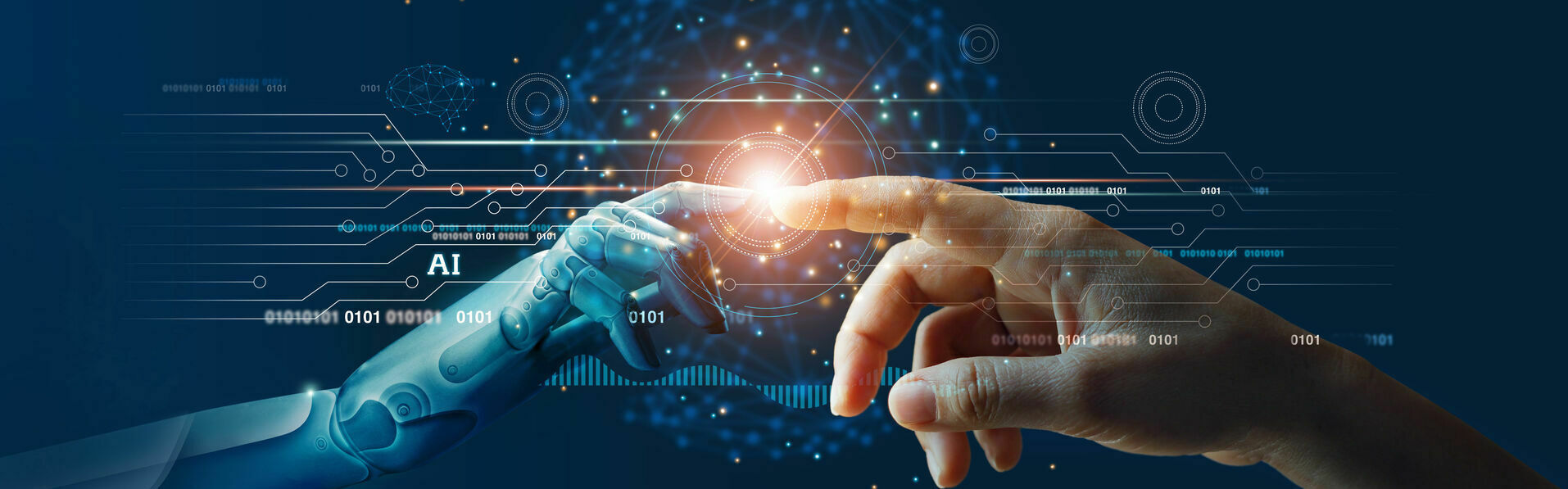 AI, Machine learning, Hands of robot and human touching on big d